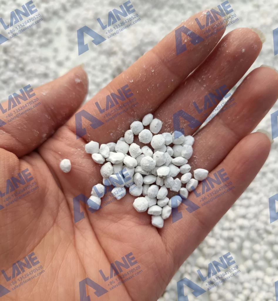 Diagram of the dry granulation process: from powder to flakes to final granules in a double roller press.