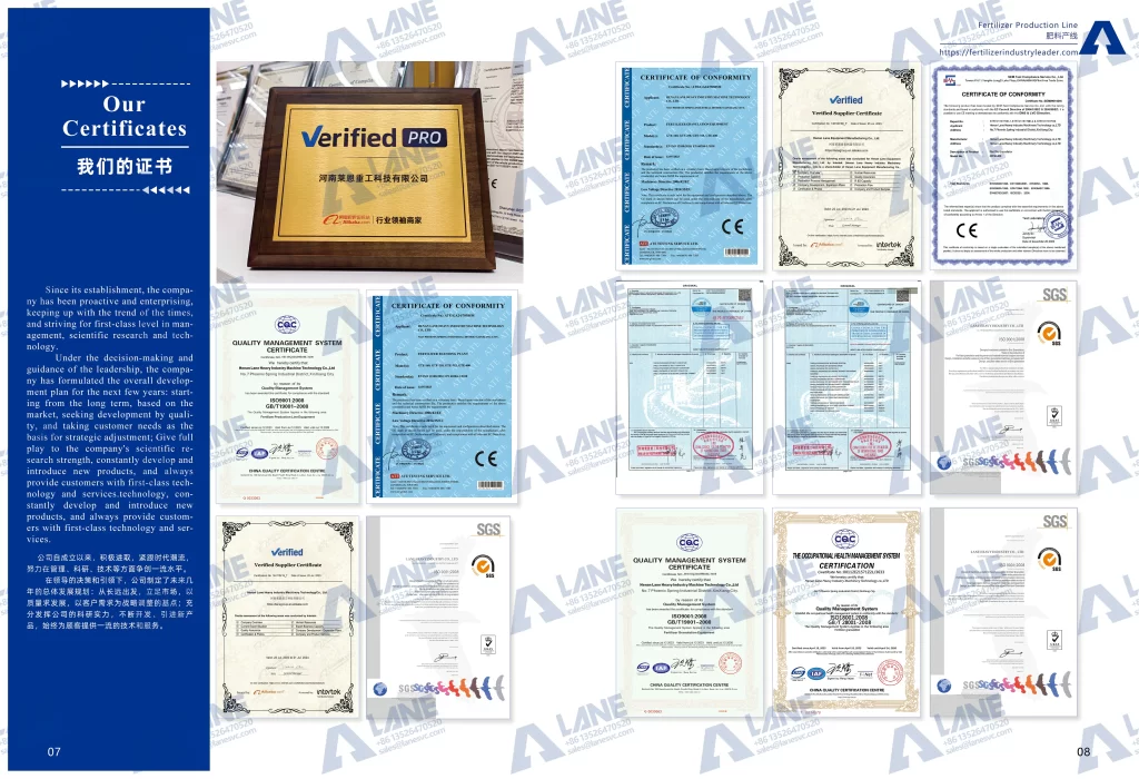 Icons representing Henan Lane’s free granulation test, turnkey project, and global support services.